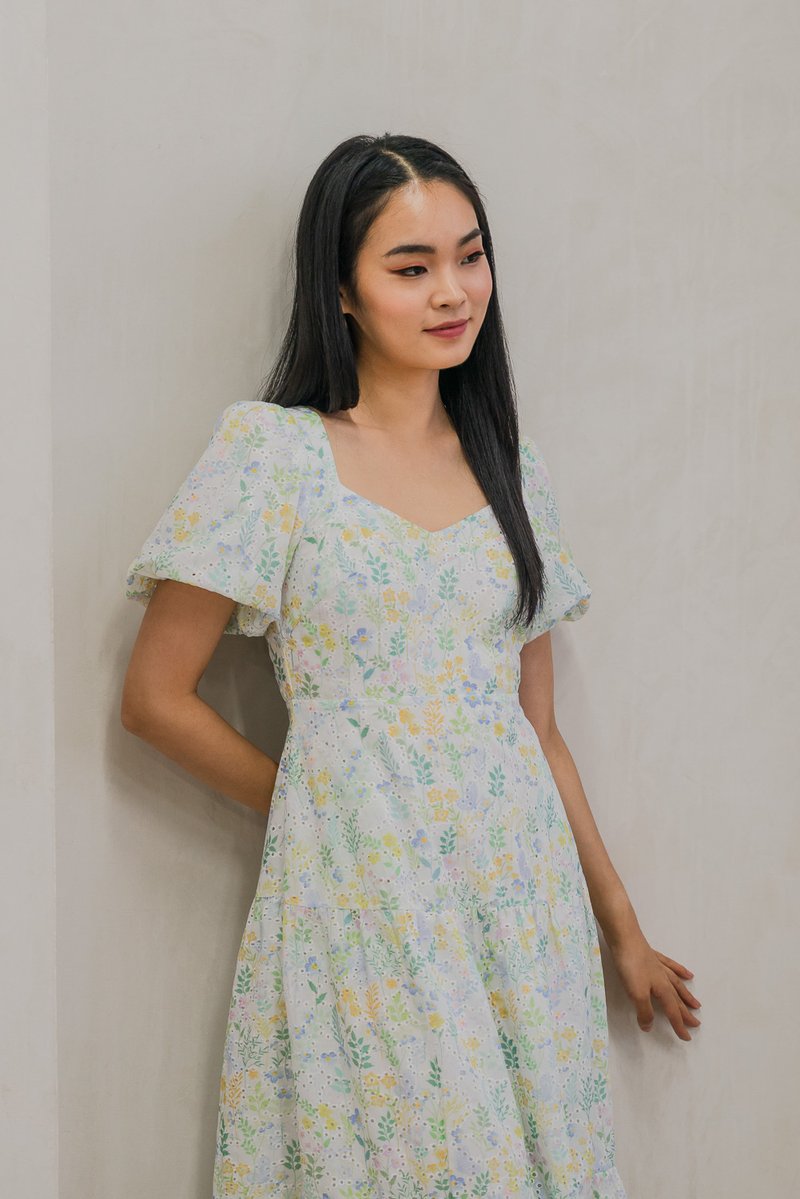 Etopia Garden Eyelet Puff Sleeve Midi Dress In Sage (XS)