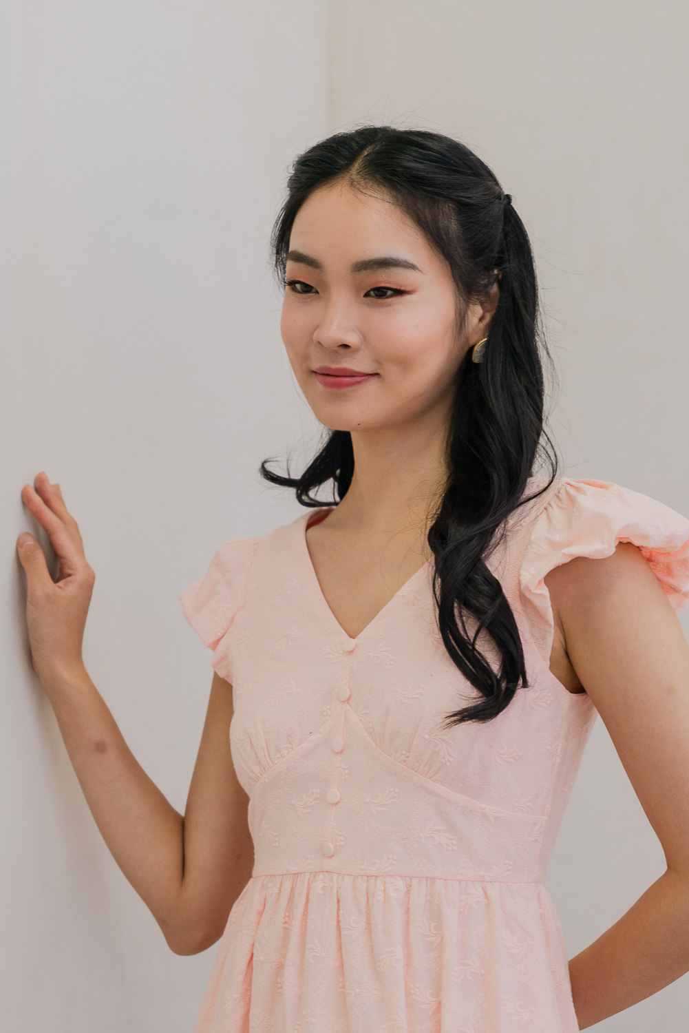 green emerald velvet dress PEACH Empire Waist Mini Dress with Balloon sleeves – PAPILLON CLOTHING main image 1