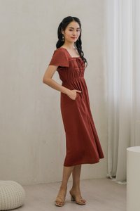 Mari Ruched Ribbon Midi Dress In Rust (XS)
