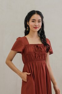 Mari Ruched Ribbon Midi Dress In Rust (XS)