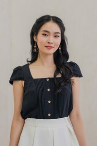 Celestine Pintuck Crochet Sleeve Top In Black