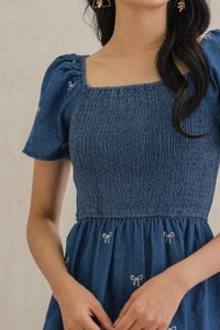 Radiant Smocked Ribbon Denim Dress In Dark Wash (XS)