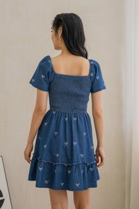 Radiant Smocked Ribbon Denim Dress In Dark Wash (XS)