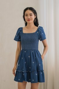 Radiant Smocked Ribbon Denim Dress In Dark Wash (XS)