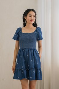 Radiant Smocked Ribbon Denim Dress In Dark Wash (XS)