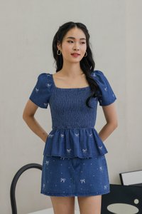 Dayana Rhinestone Ribbon Denim Skort In Dark Wash (XS)