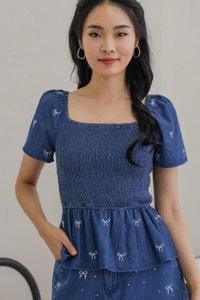 Ricca Smocked Ribbon Denim Top In Dark Wash