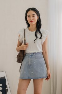 Dayana Rhinestone Ribbon Denim Skort In Light Wash (XS)