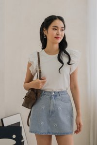 Dayana Rhinestone Ribbon Denim Skort In Light Wash (XS)