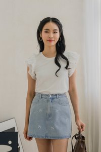 Dayana Rhinestone Ribbon Denim Skort In Light Wash (XS)