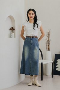 Diondre Denim Slit Maxi Skirt in Vintage Wash