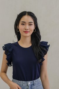Charm Flutter Eyelet Sleeve Top In Navy (XS)