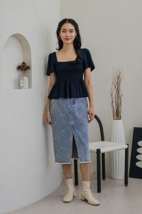 Delancie Ribbon Embroidery Denim Midi Skirt (XS)