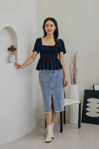 Delancie Ribbon Embroidery Denim Midi Skirt (XS)