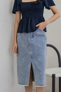 Delancie Ribbon Embroidery Denim Midi Skirt (XS)