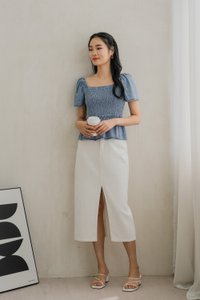 Ricca Smocked Ribbon Denim Top In Light Wash (XS)