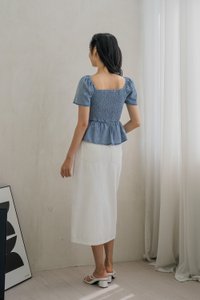 Ricca Smocked Ribbon Denim Top In Light Wash (XS)