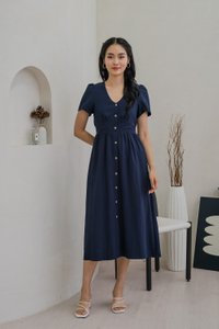 Bronte Empire Button Midi Dress In Navy (XS)