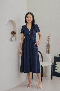 Bronte Empire Button Midi Dress In Navy (XS)