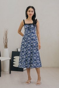 Celestial Printed Ribbon Midi Dress In Navy