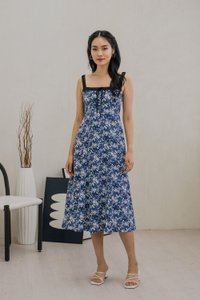 Celestial Printed Ribbon Midi Dress In Navy