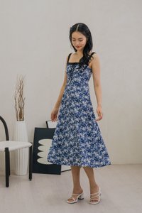 Celestial Printed Ribbon Midi Dress In Navy