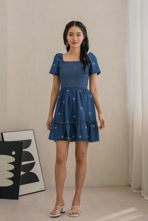 Radiant Smocked Ribbon Denim Dress In Dark Wash (XS)