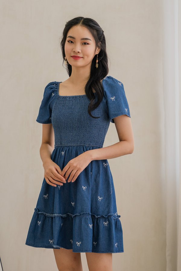 Radiant Smocked Ribbon Denim Dress In Dark Wash (XS)