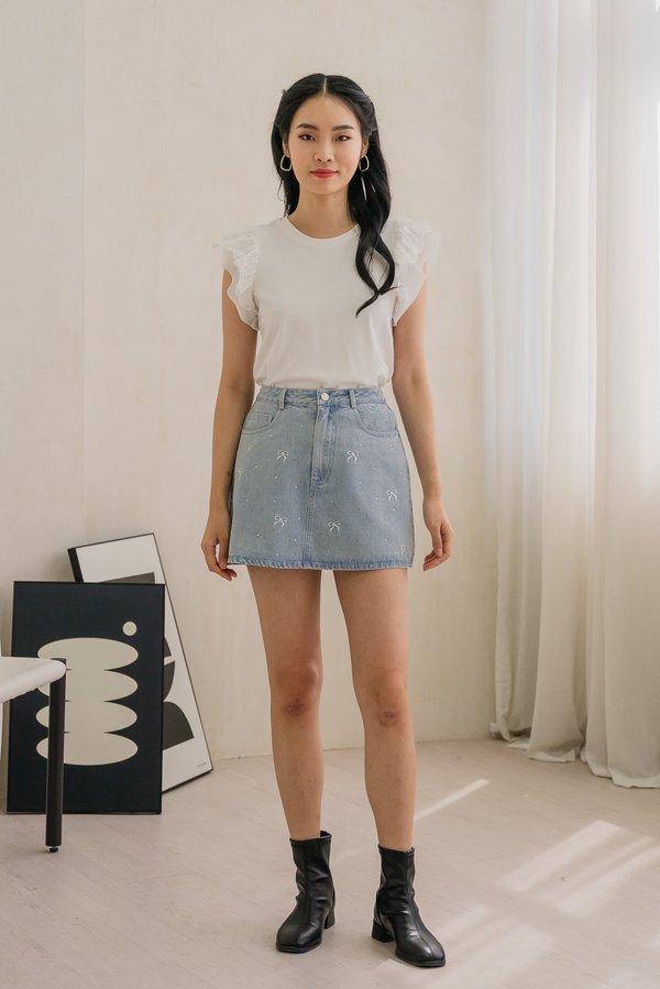 Dayana Rhinestone Ribbon Denim Skort In Light Wash (XS)