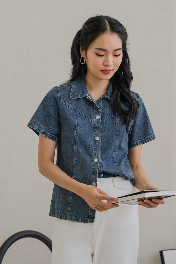 Delphina Denim Collared Button Top