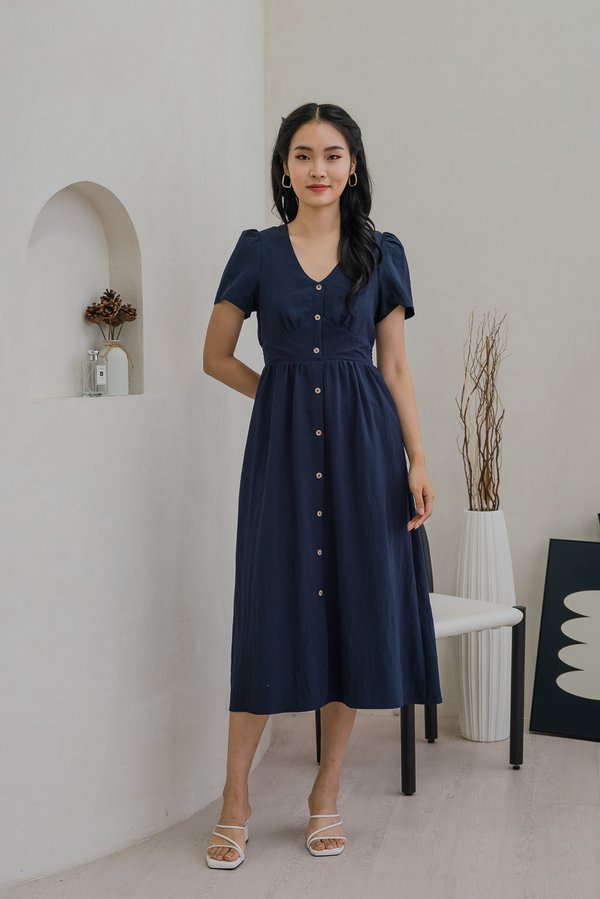 Bronte Empire Button Midi Dress In Navy (XS)