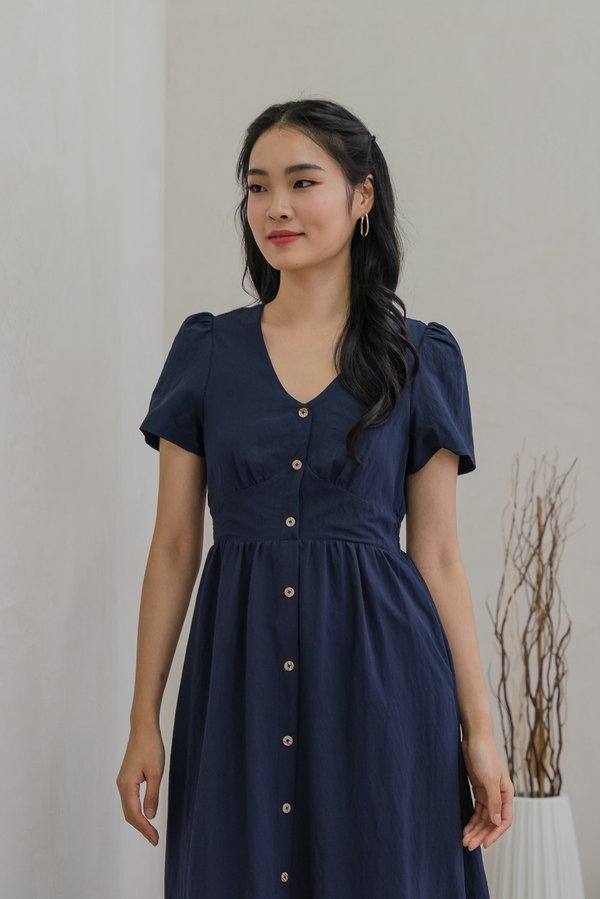 Bronte Empire Button Midi Dress In Navy (XS)