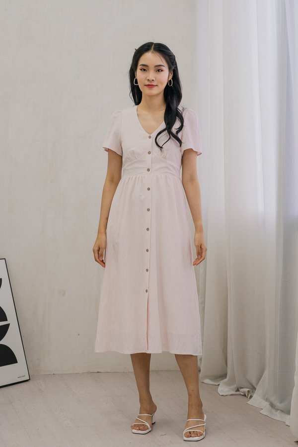 Bronte Empire Button Midi Dress In Baby Pink (XL)