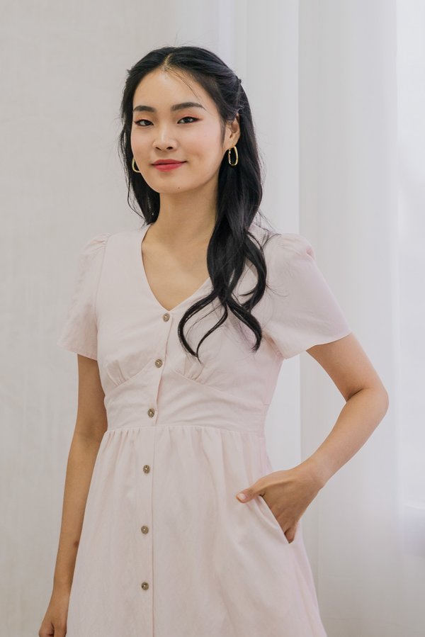 Bronte Empire Button Midi Dress In Baby Pink (XL)