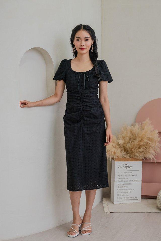 Rose Ruched Ribbonette Midi Dress In Black