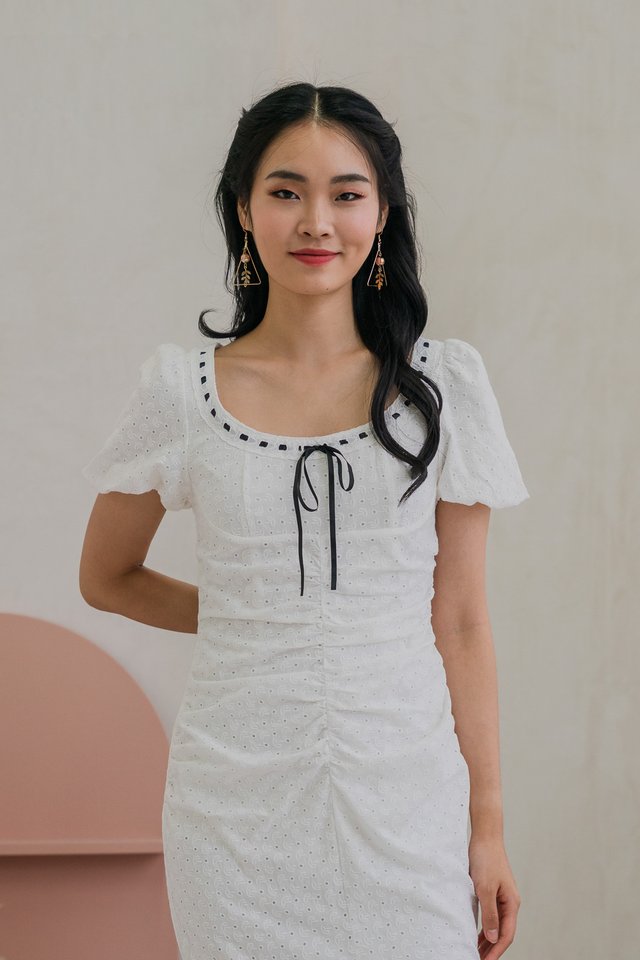 Rose Ruched Ribbonette Midi Dress In White