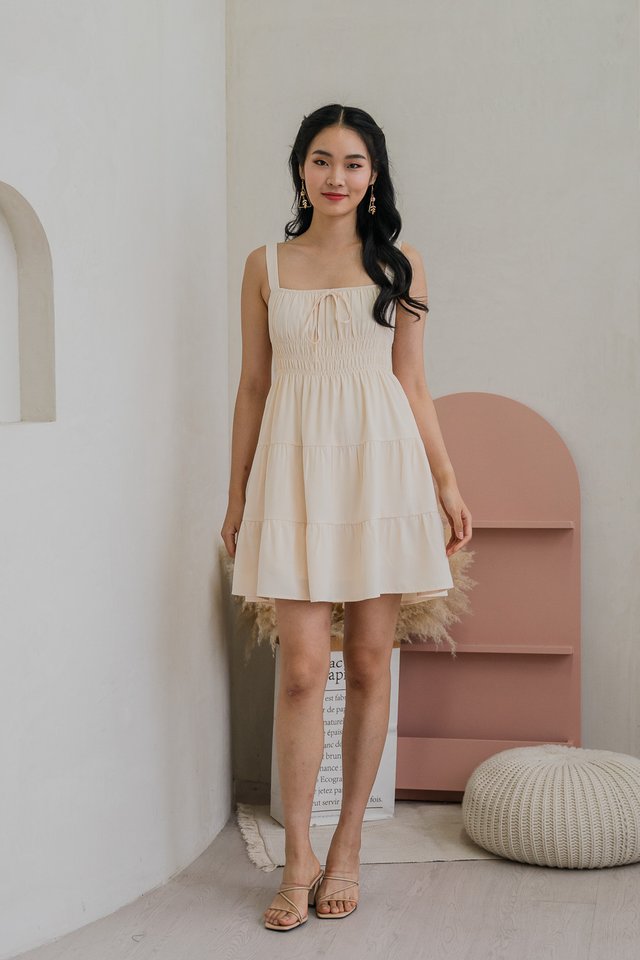 Cherish Smocked Waist Tiered Dress In Cream