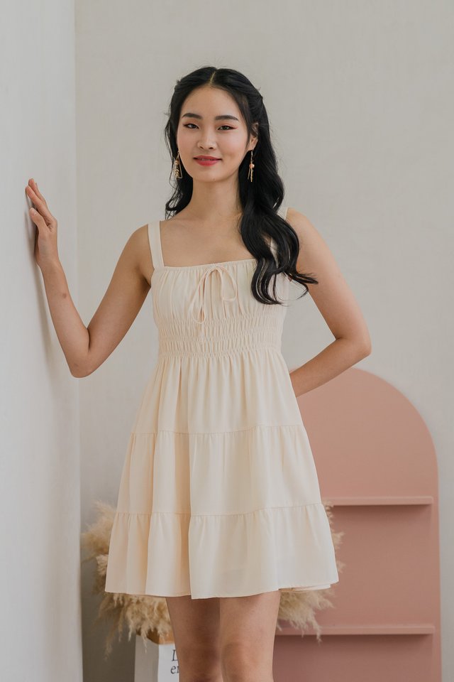 Cherish Smocked Waist Tiered Dress In Cream