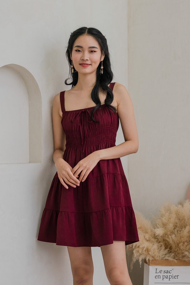 Cherish Smocked Waist Tiered Dress In Wine
