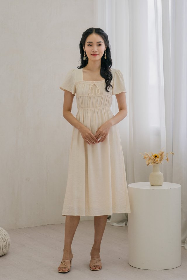 Mari Ruched Ribbon Midi Dress In Cream