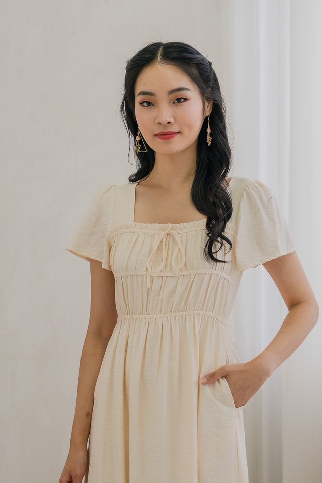 Mari Ruched Ribbon Midi Dress In Cream