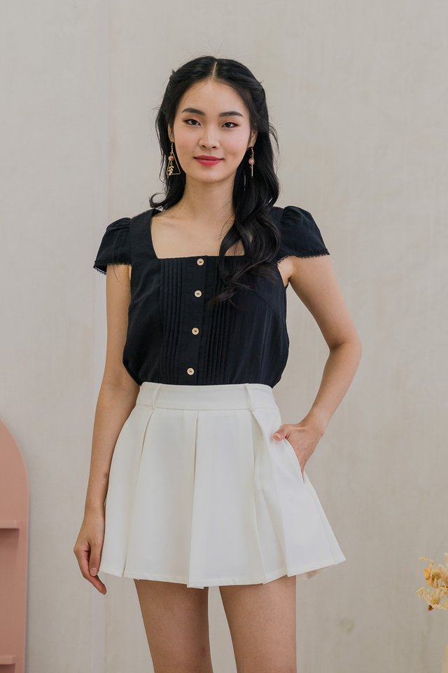 Celestine Pintuck Crochet Sleeve Top In Black