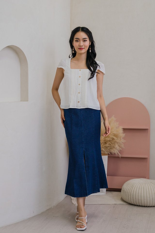 Celestine Pintuck Crochet Sleeve Top In White