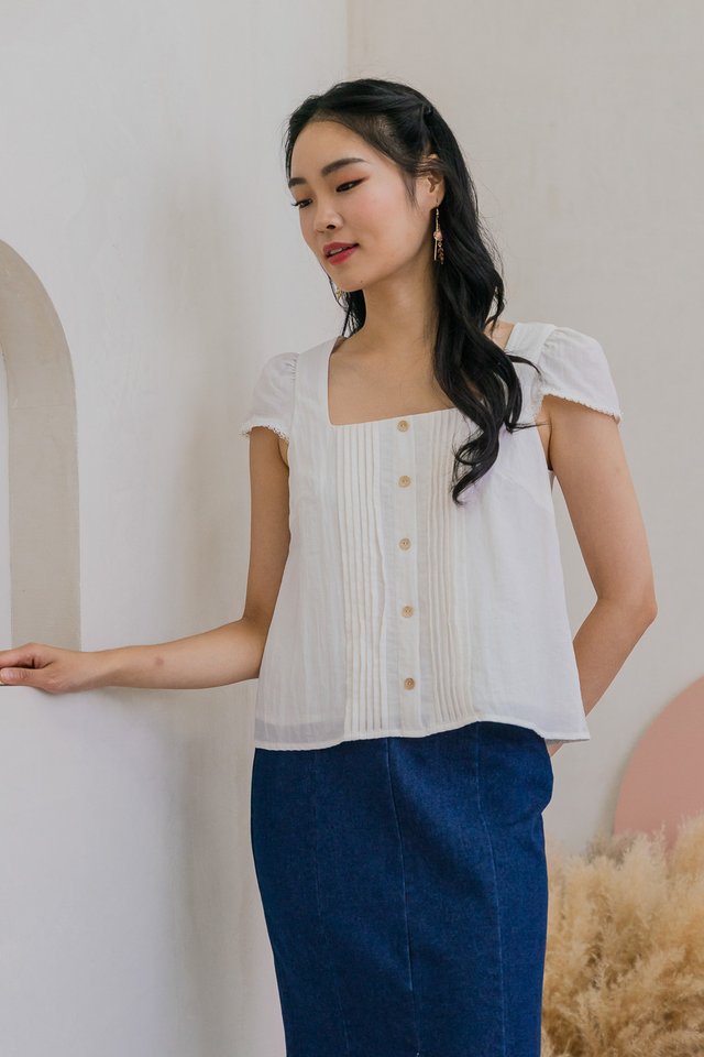 Celestine Pintuck Crochet Sleeve Top In White