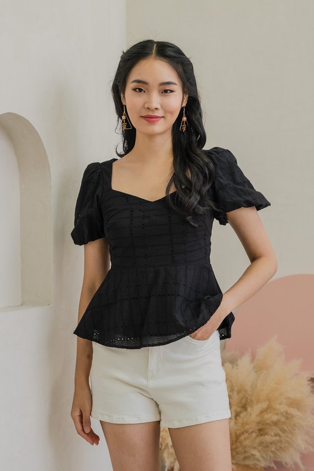 Passion Eyelet Peplum Top In Black