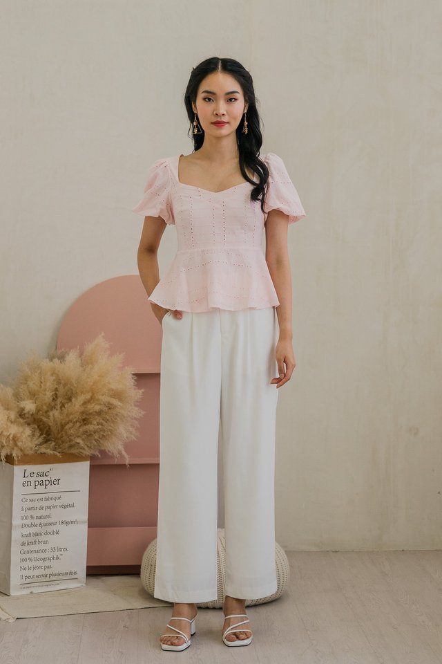 Passion Eyelet Peplum Top In Light Pink