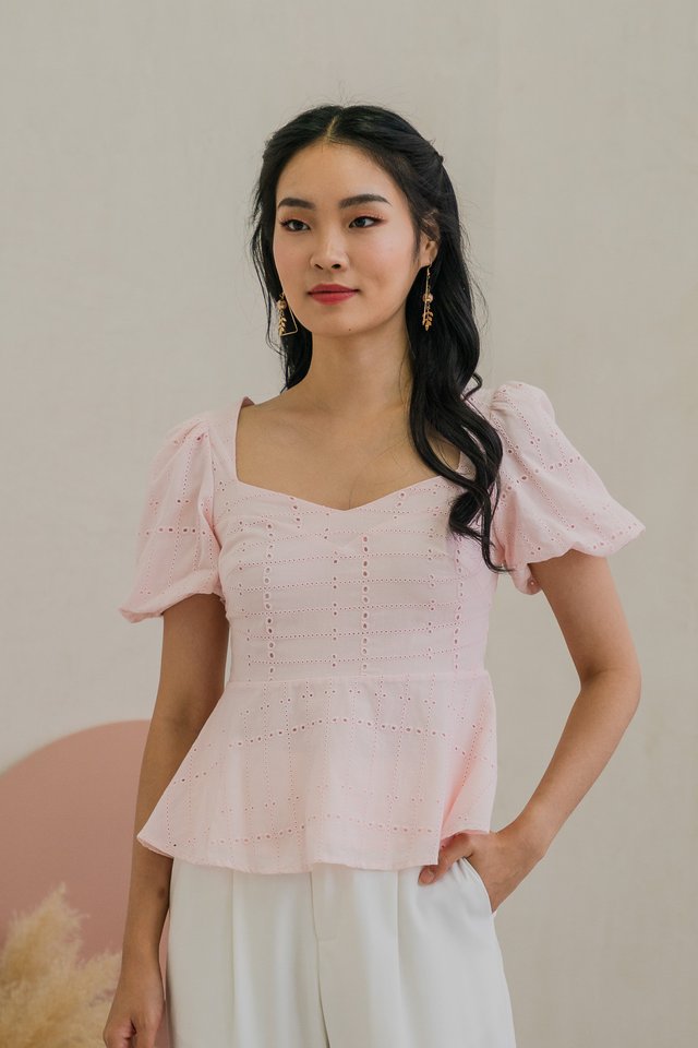 Passion Eyelet Peplum Top In Light Pink