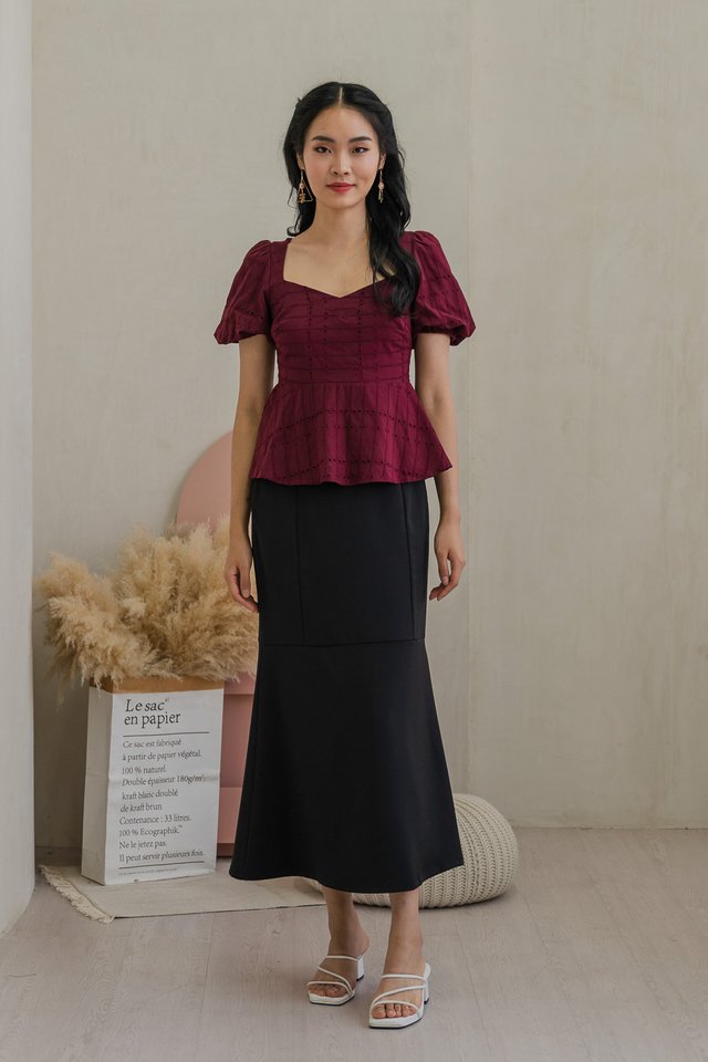 Passion Eyelet Peplum Top In Wine