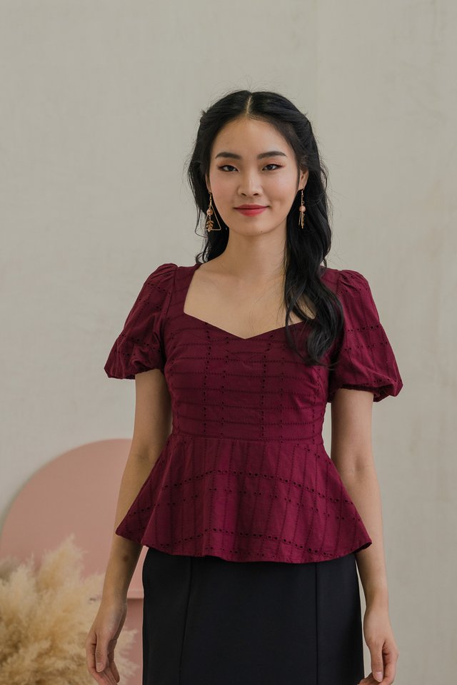 Passion Eyelet Peplum Top In Wine
