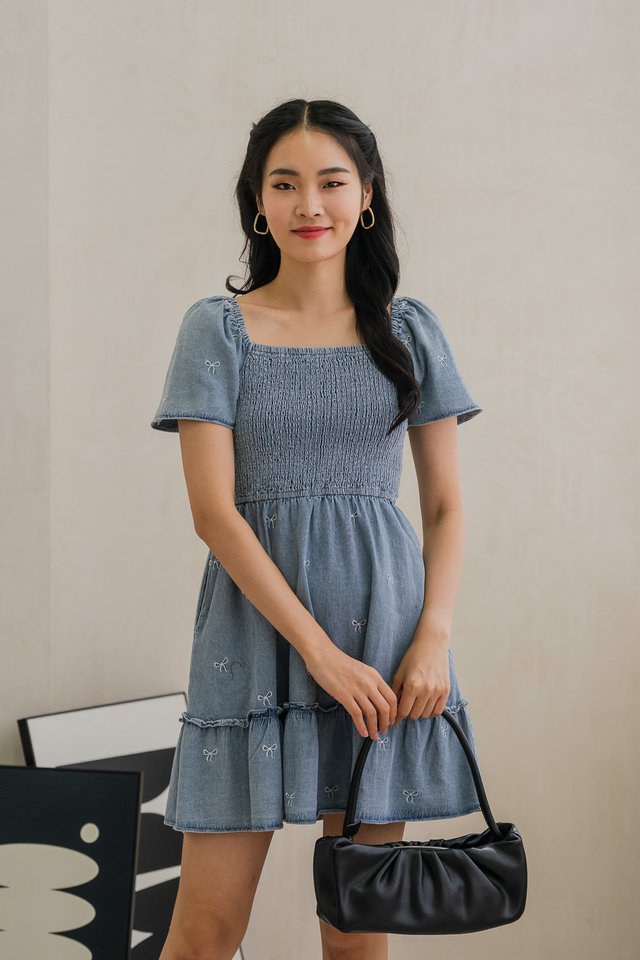 Radiant Smocked Ribbon Denim Dress In Light Wash